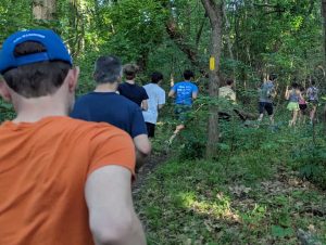 A line of runners running through a wooded trail